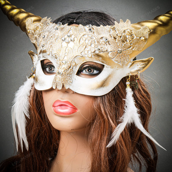 Krampus Gold Horn Lace  Animal Devil Women Mask - White - Picture 6 of 10